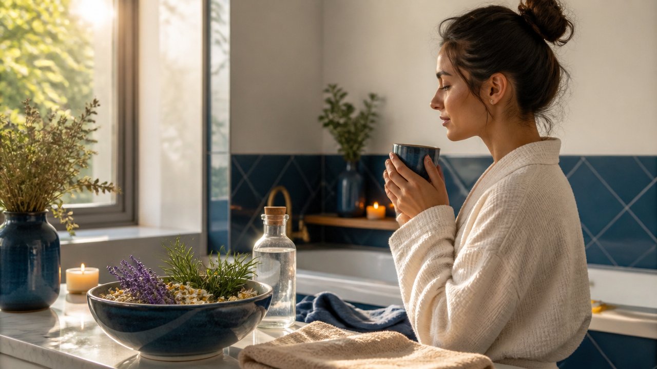 Pessoa se preparando para um banho de ervas calmante antes de prova ou decisão importante, em ambiente sereno com camomila, lavanda e alecrim.
