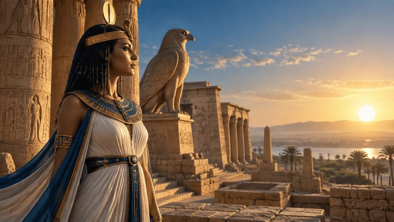 Representação realista de Ísis, Hórus e um templo antigo ao amanhecer, evocando a mitologia egípcia.