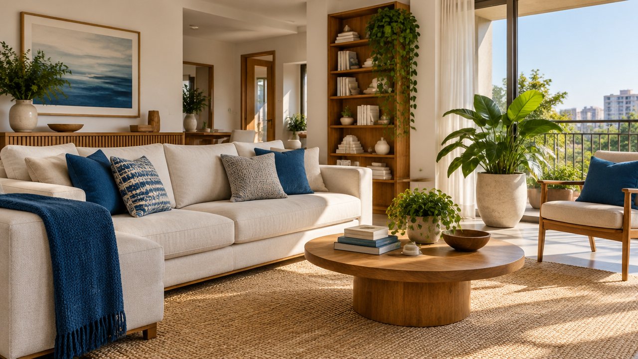 Sala de estar organizada, iluminada e com elementos naturais para ilustrar a harmonização da casa inspirada no feng shui