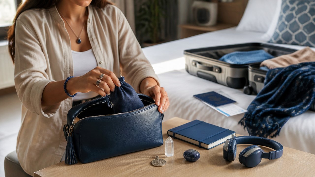 Viajante organizando amuletos e itens essenciais na mala para uma viagem segura